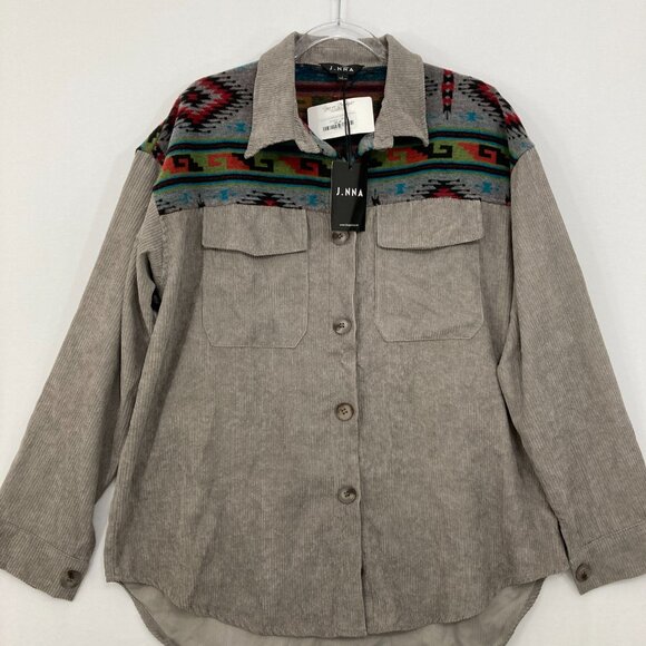 New J. NNA Large Gray Corduroy Tribal Southwestern Print Oversized Shirt Jacket - Picture 1 of 9